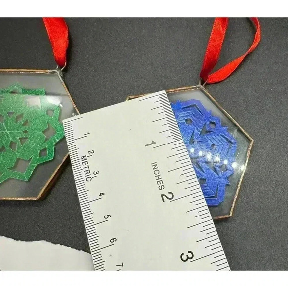 2 Vintage Glass Christmas Ornaments Hexagon shaped foil snowflake copper edge - Picture 8 of 9